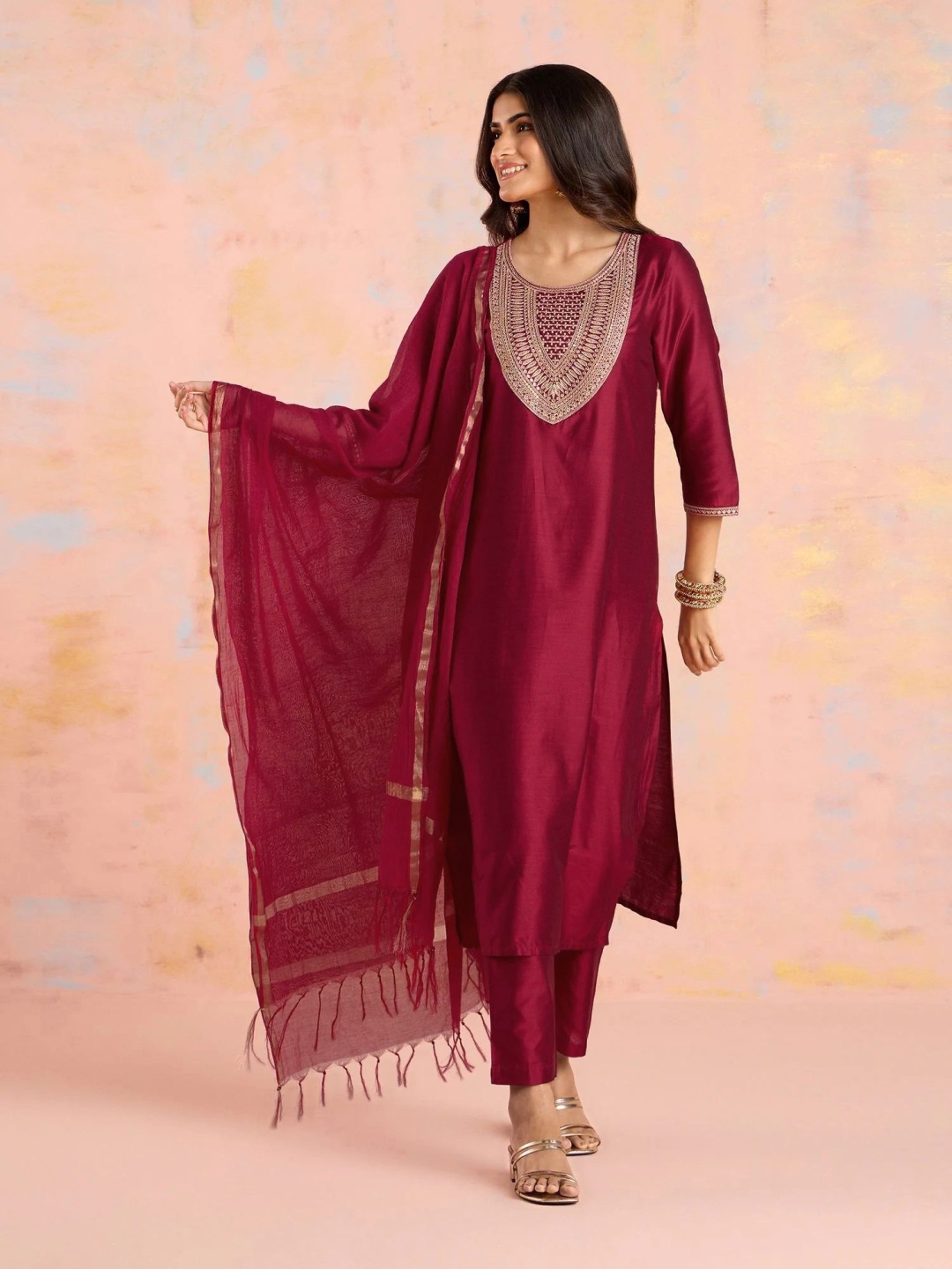 

WHATNOT STYLE Ethnic Motifs Embroidered Pure Silk Straight Kurta With Trouser & Dupatta, Maroon