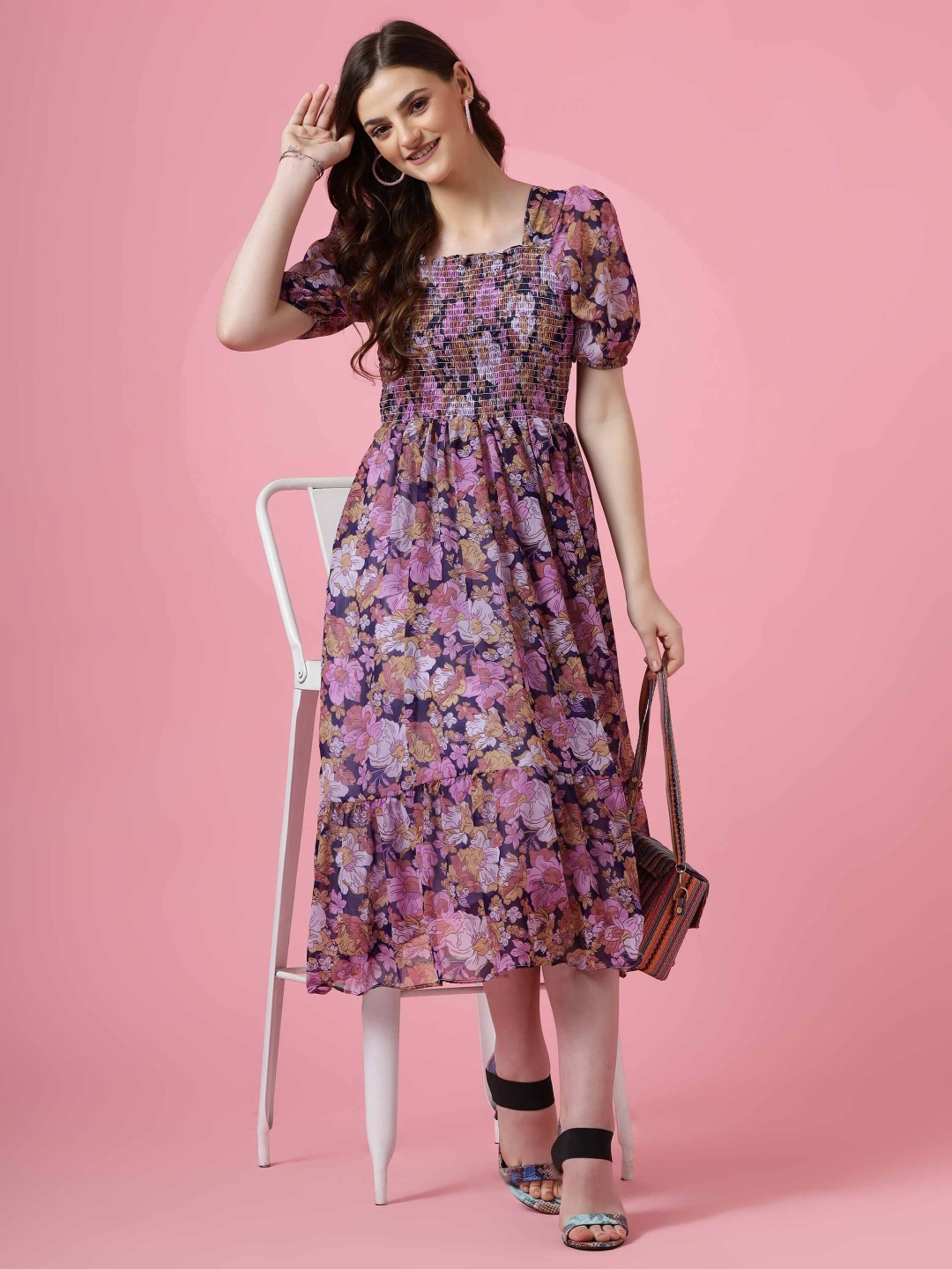 

SHEETAL Associates Women Floral Printed Puff Sleeve Fit & Flare Dress, Purple