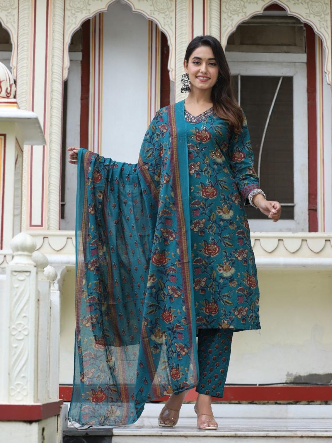 

KALINI Floral Printed Regular Straight Kurta with Trousers & Dupatta, Blue