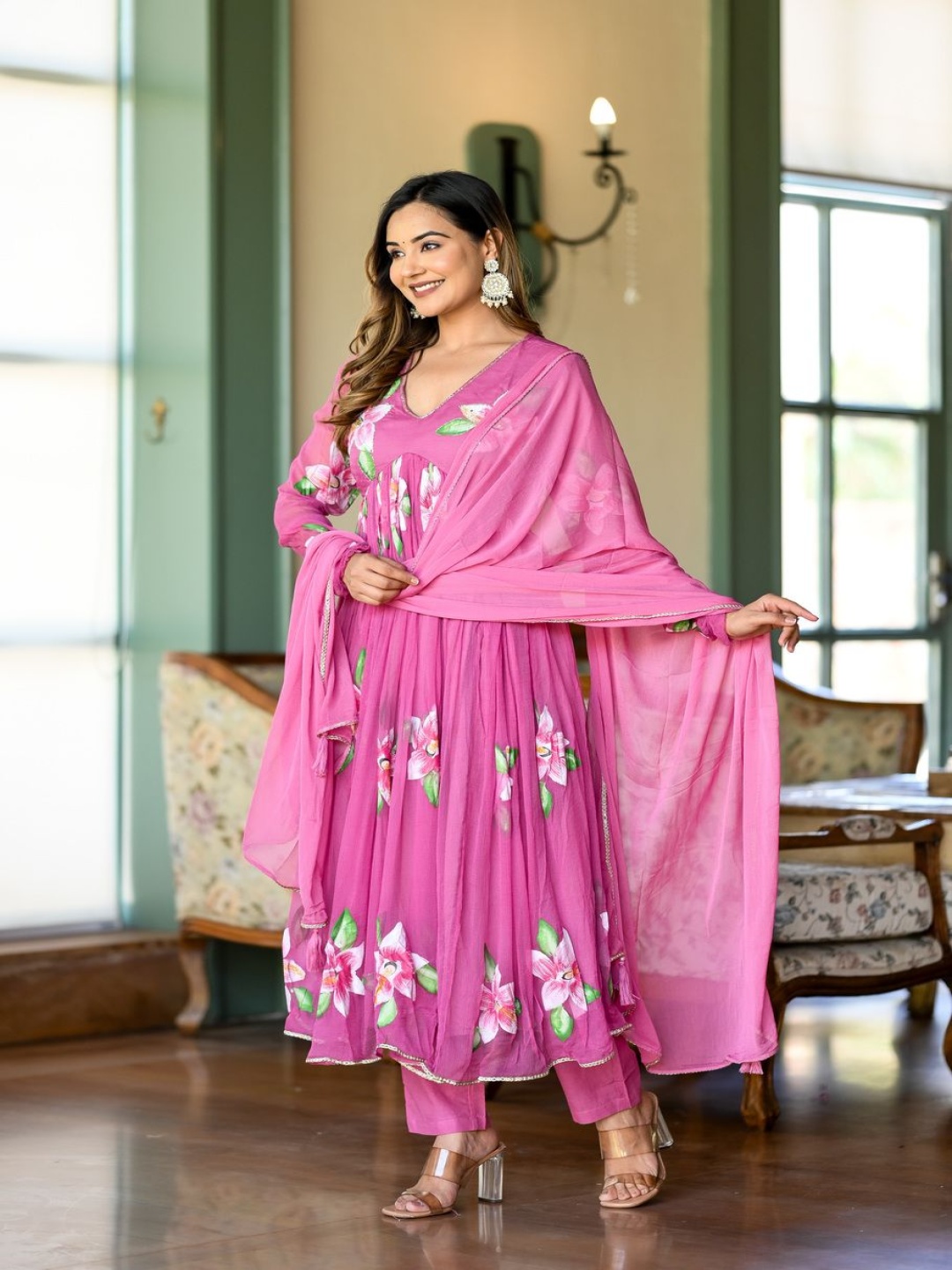 

Mirayaz Floral Printed Pleated Anarkali V- Neck Kurta With Trouser And Dupatta, Mauve