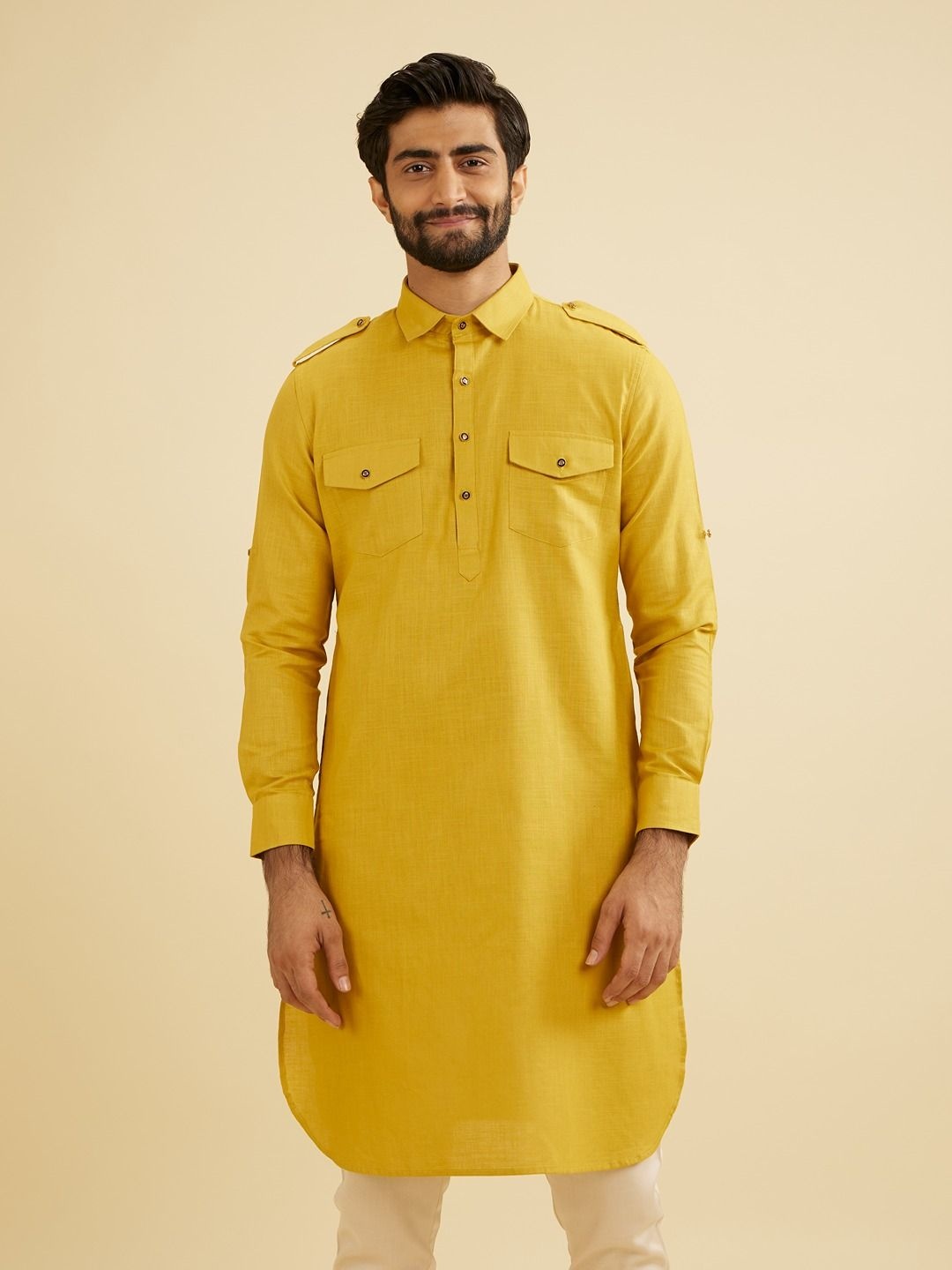 

Manyavar Men Thread Work Pathani Kurta, Mustard