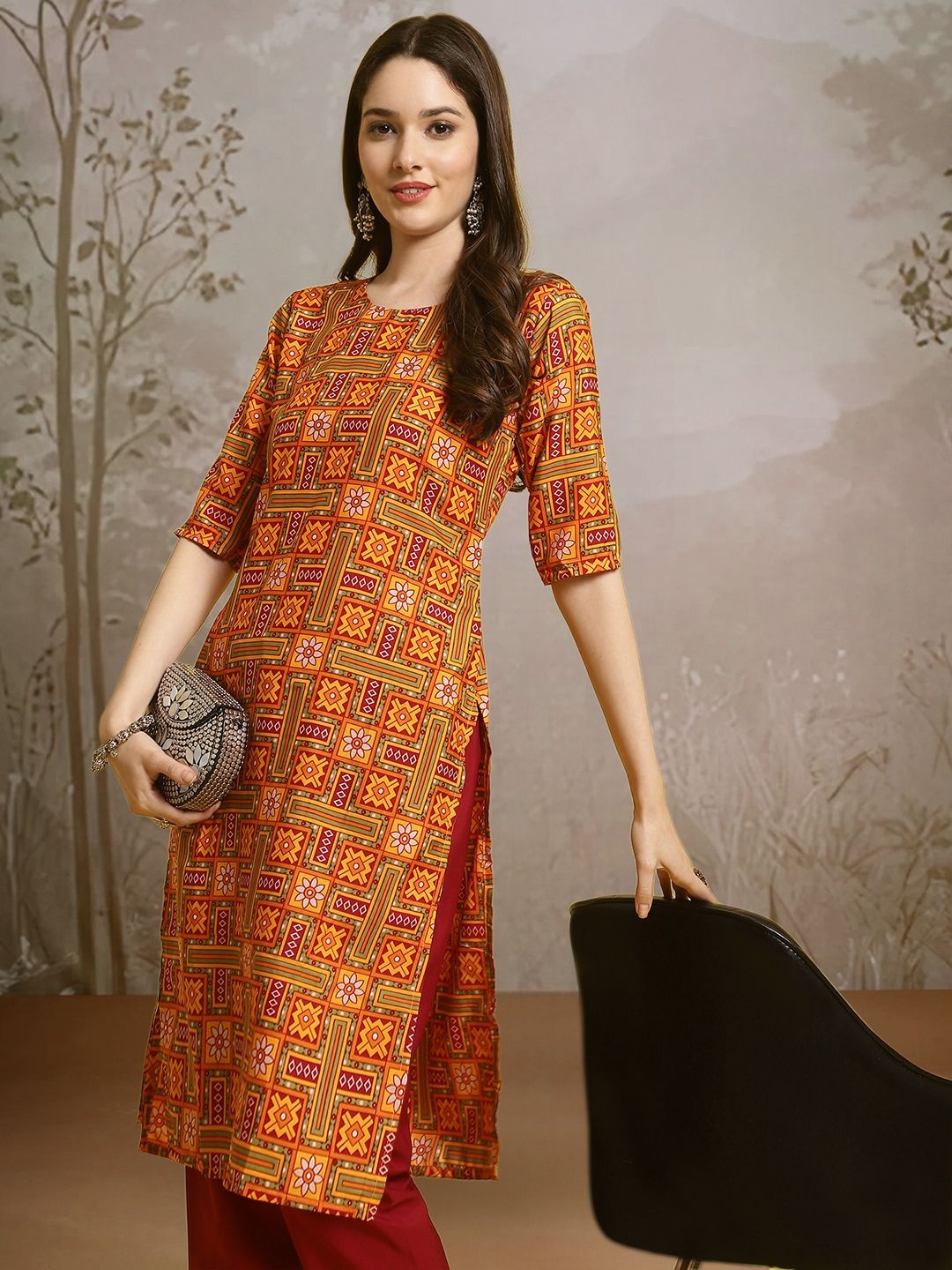 

7Threads Ethnic Motifs Printed Round Neck Straight Kurta With Trousers, Red