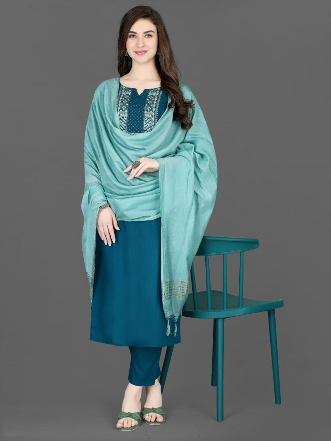 

SHIJILA Ethnic Motifs Embroidered Sequinned Notch Neck Kurta With Trouser And Dupatta, Teal