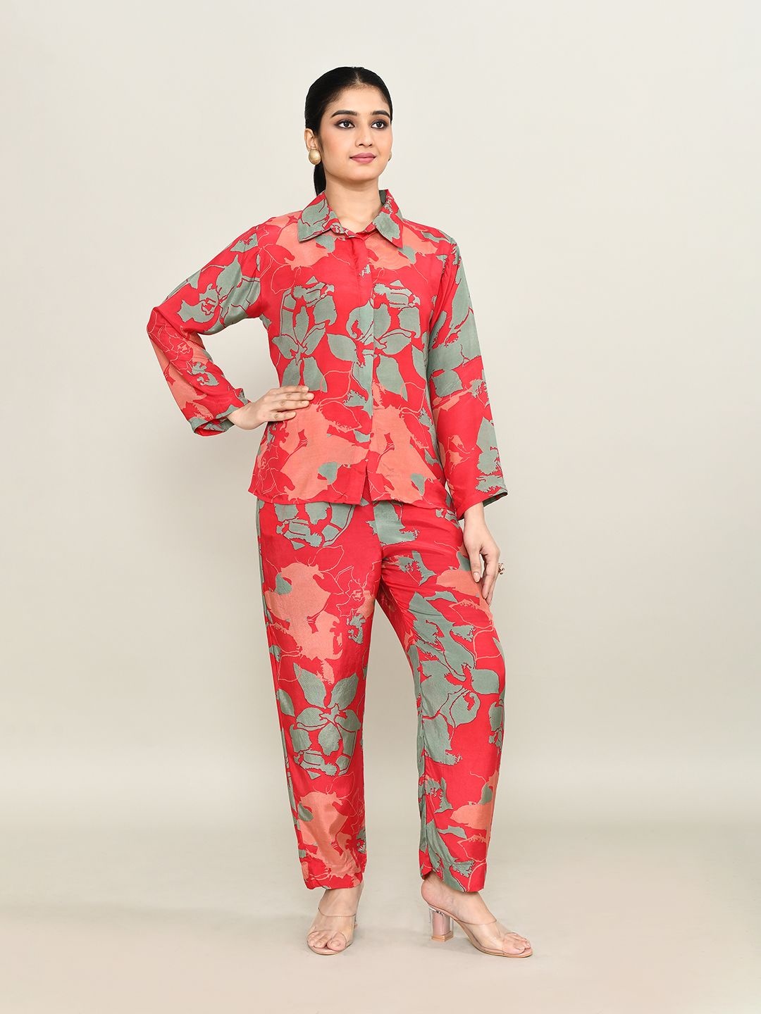 

The Maple Floral Printed Shirt Collar Neck Shirt With Trousers, Red