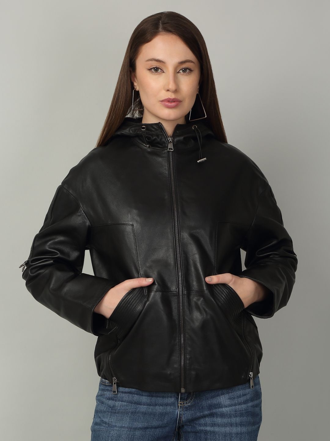 

Teakwood Leathers Women Hooded Solid Leather Casual Leather Lightweight Jacket, Black