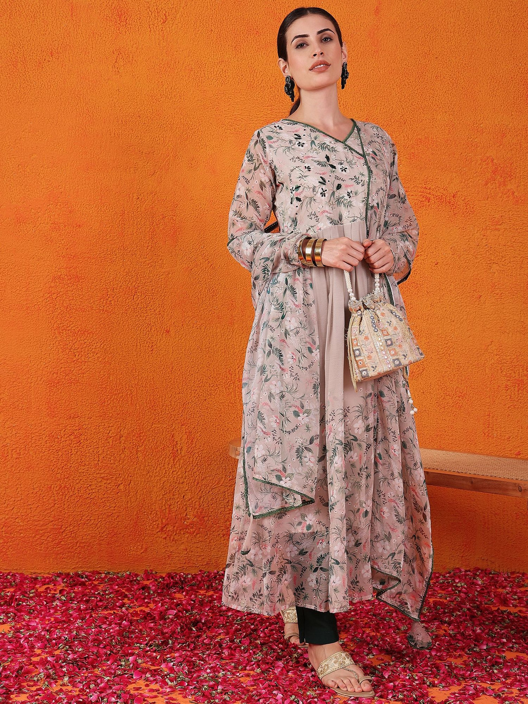 

Ariya Prints Floral Printed Thread Work Georgette Angrakha Kurta With Trouser & Dupatta, Green
