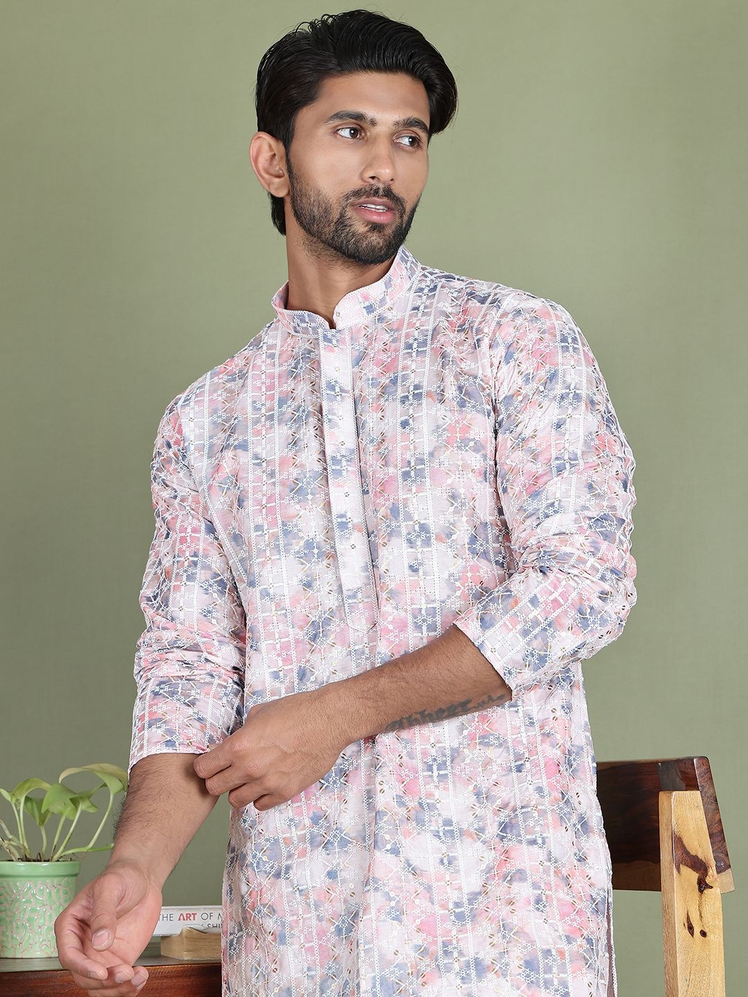 

Anouk Men Ethnic motifs printed mandarine collar Straight Kurta with Pyjamas, White