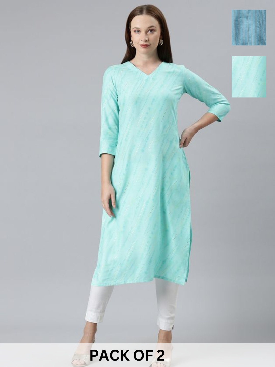 

KALINI Selection Of 2 Striped Printed V-Neck Pure Cotton Straight Kurta, Blue