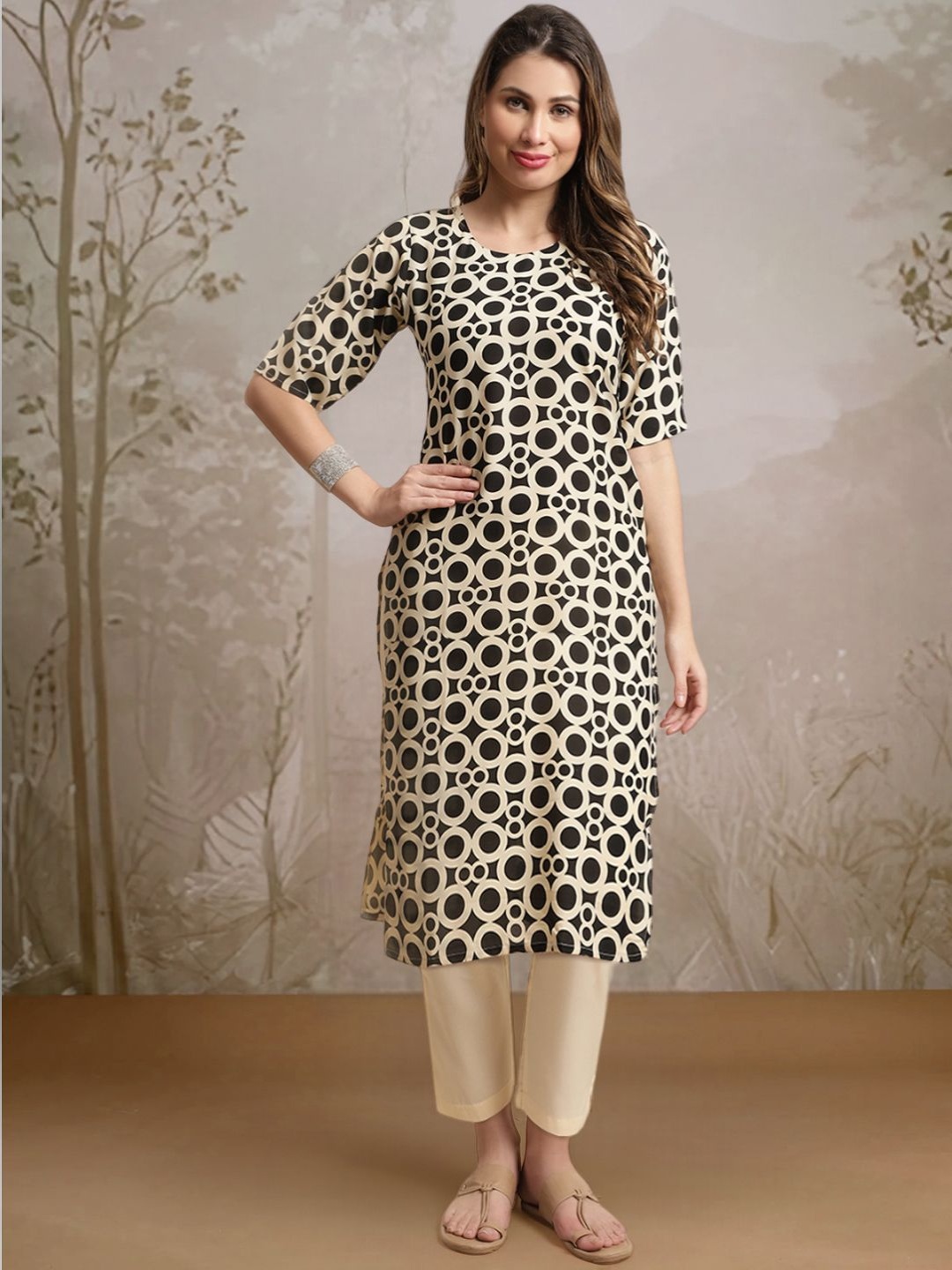

7Threads Geometric Printed Round Neck Straight Kurta And Trousers, Beige