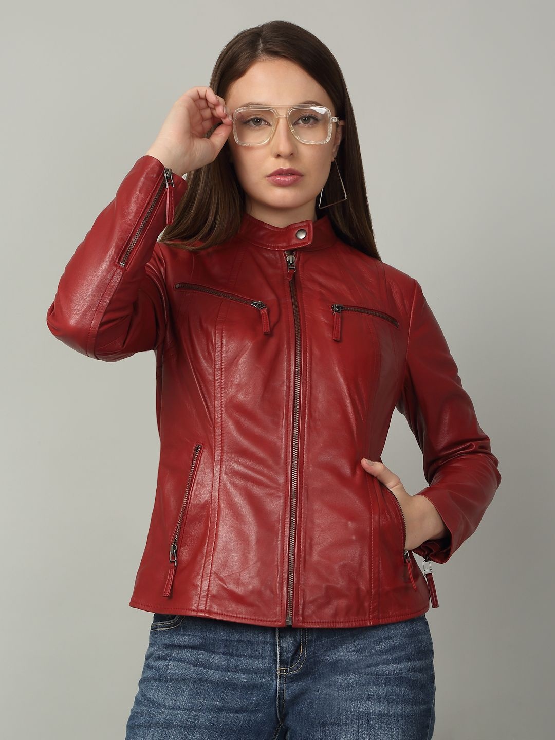 

Teakwood Leathers Women Mandarin Collar Solid Leather Casual Leather Lightweight Jacket, Red