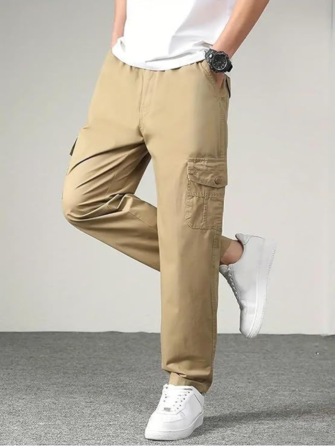 

Fashion2wear Men Relaxed Loose Fit High-Rise Wrinkle Free Cargos Trousers, Beige