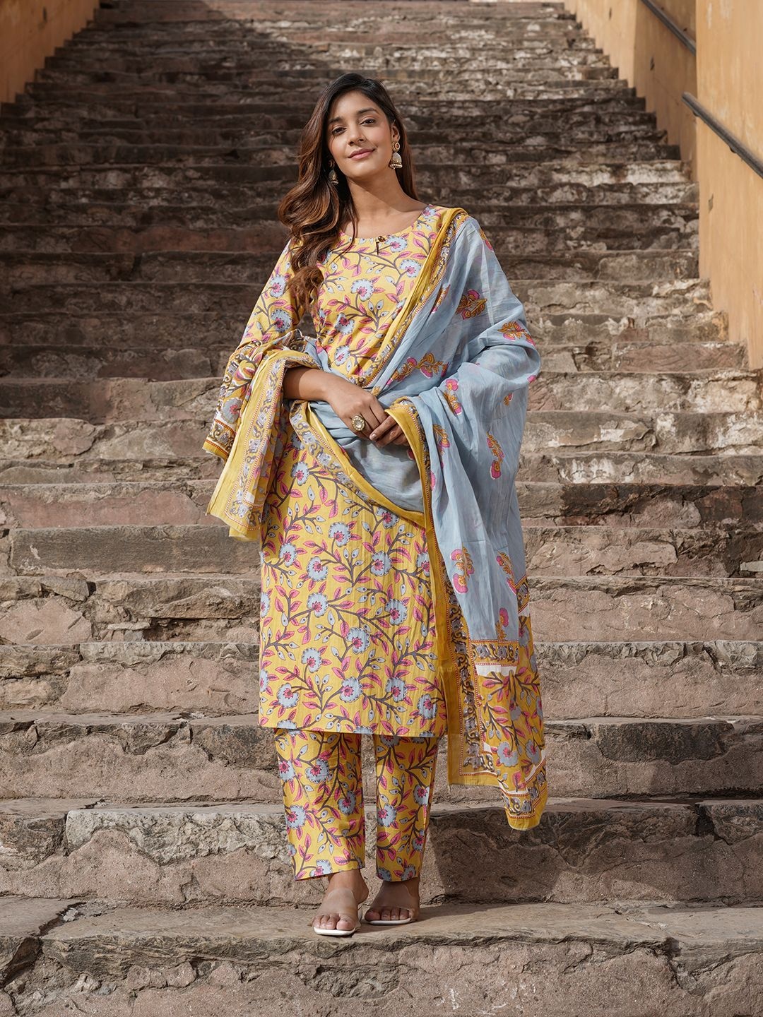 

Jaitpuriya Floral Printed Keyhole Neck Pure Cotton Straight Kurta With Trousers & Dupatta, Yellow