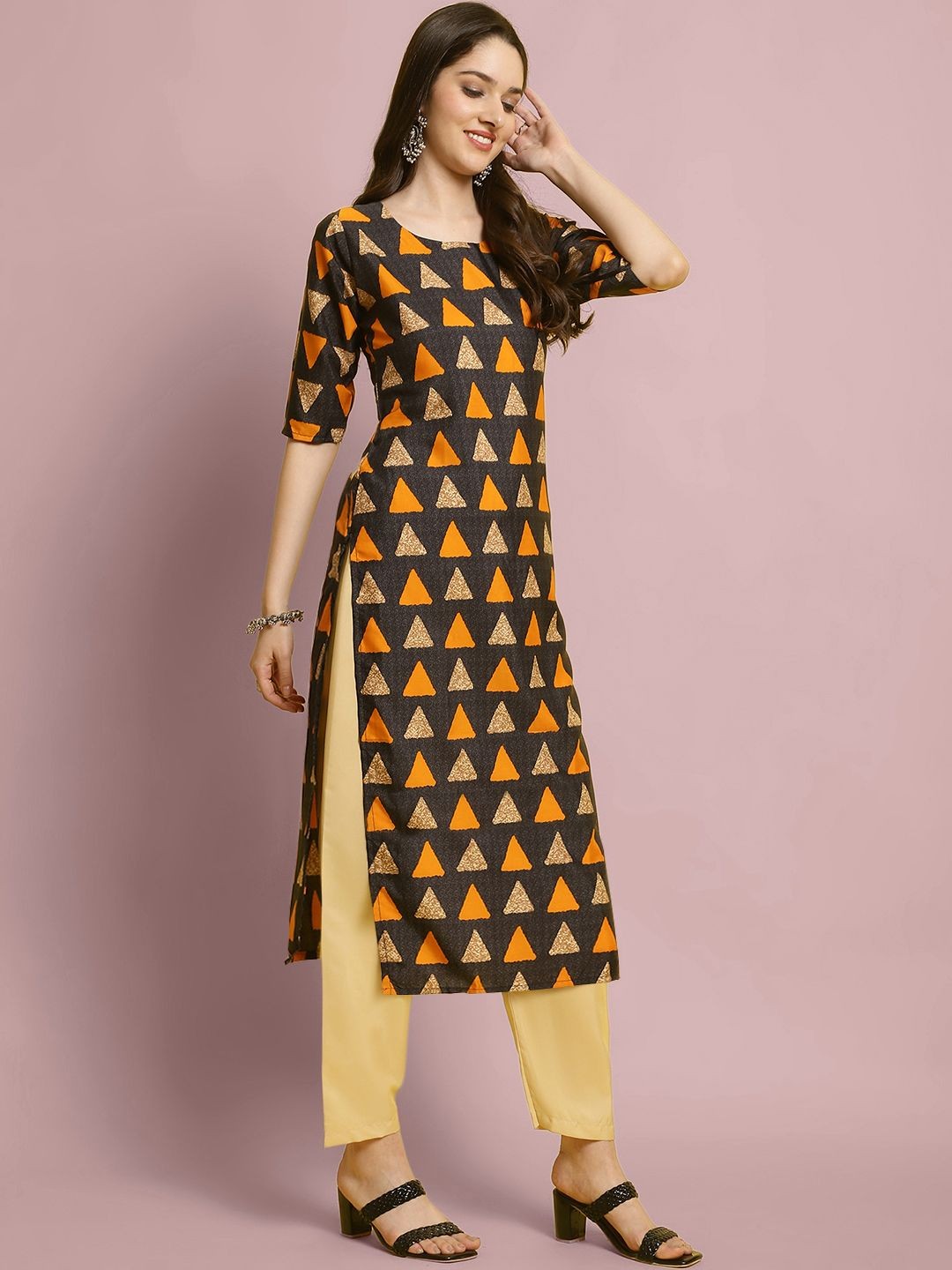 

7Threads Geometric Printed Straight Kurta With Trouser, Black