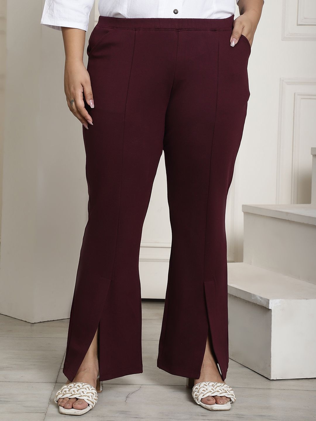 

theRebelinme Women Straight Fit High-Rise Plus Size Pleated Trousers, Burgundy