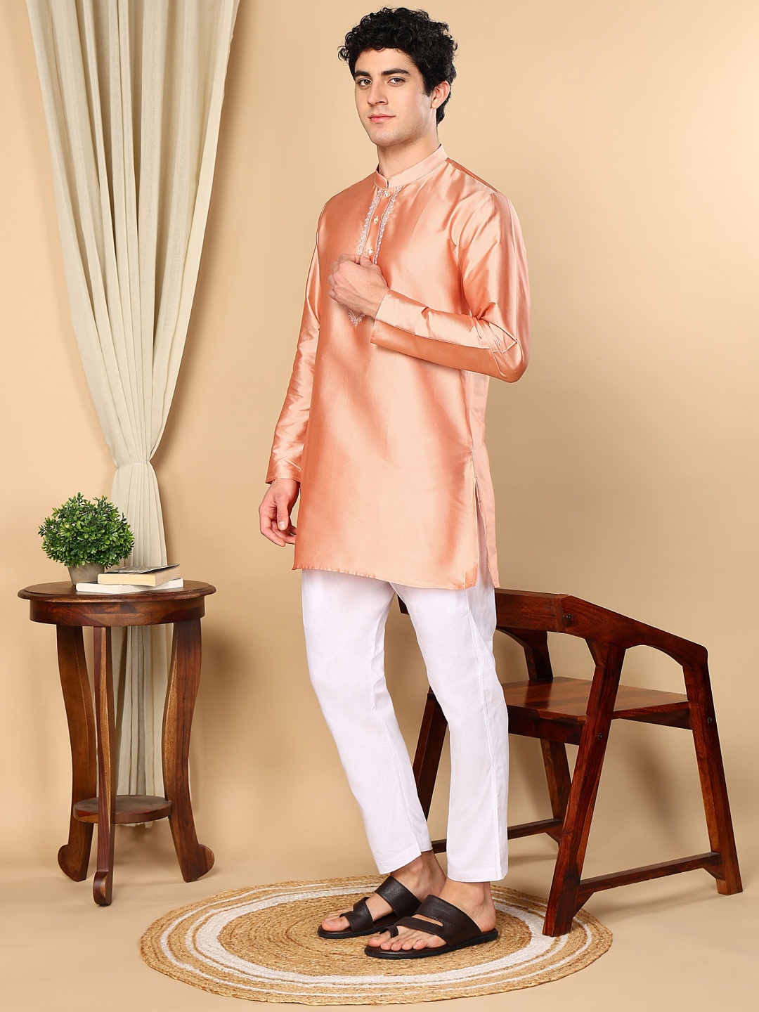 

TATTVA Mandarin Collar Thread Work Straight Kurta, Peach