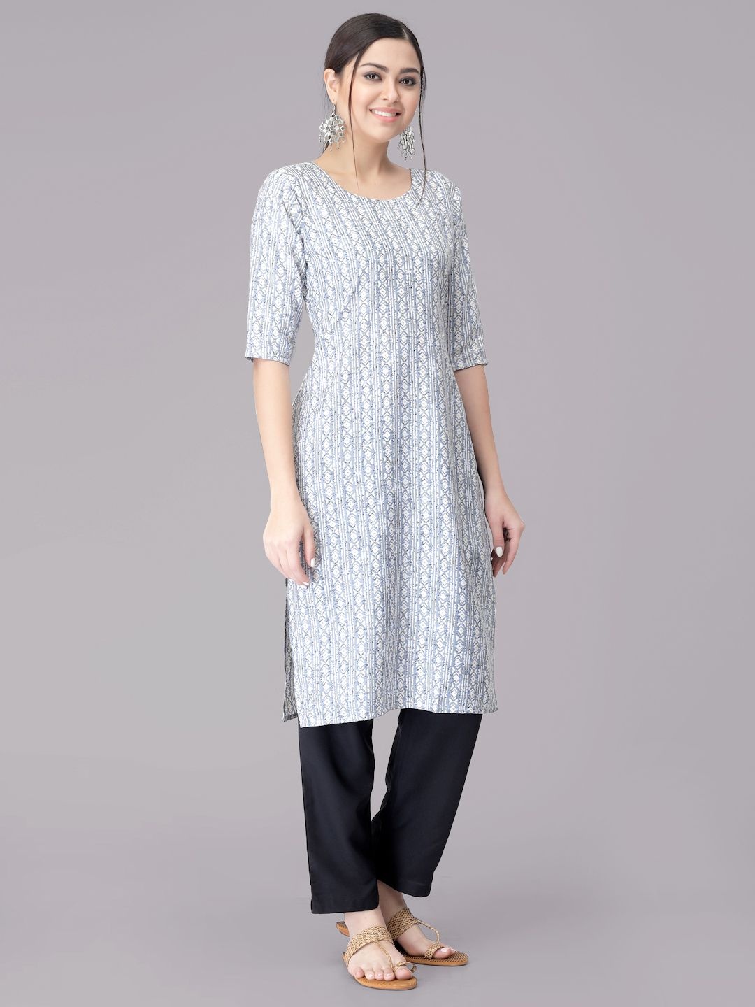 

7Threads Geometric Printed Round Neck Straight Kurta With Trouser, White