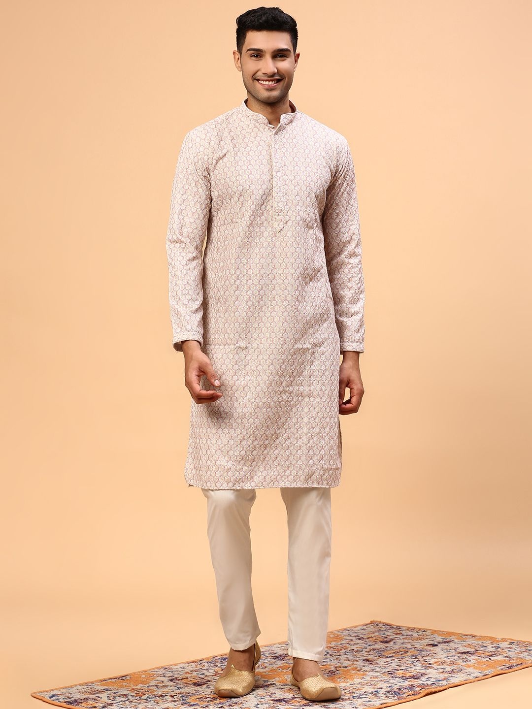 

CS EL Ethnic Motifs Printed Sequinned Mandarin Collar Cotton Straight Kurta, Pink