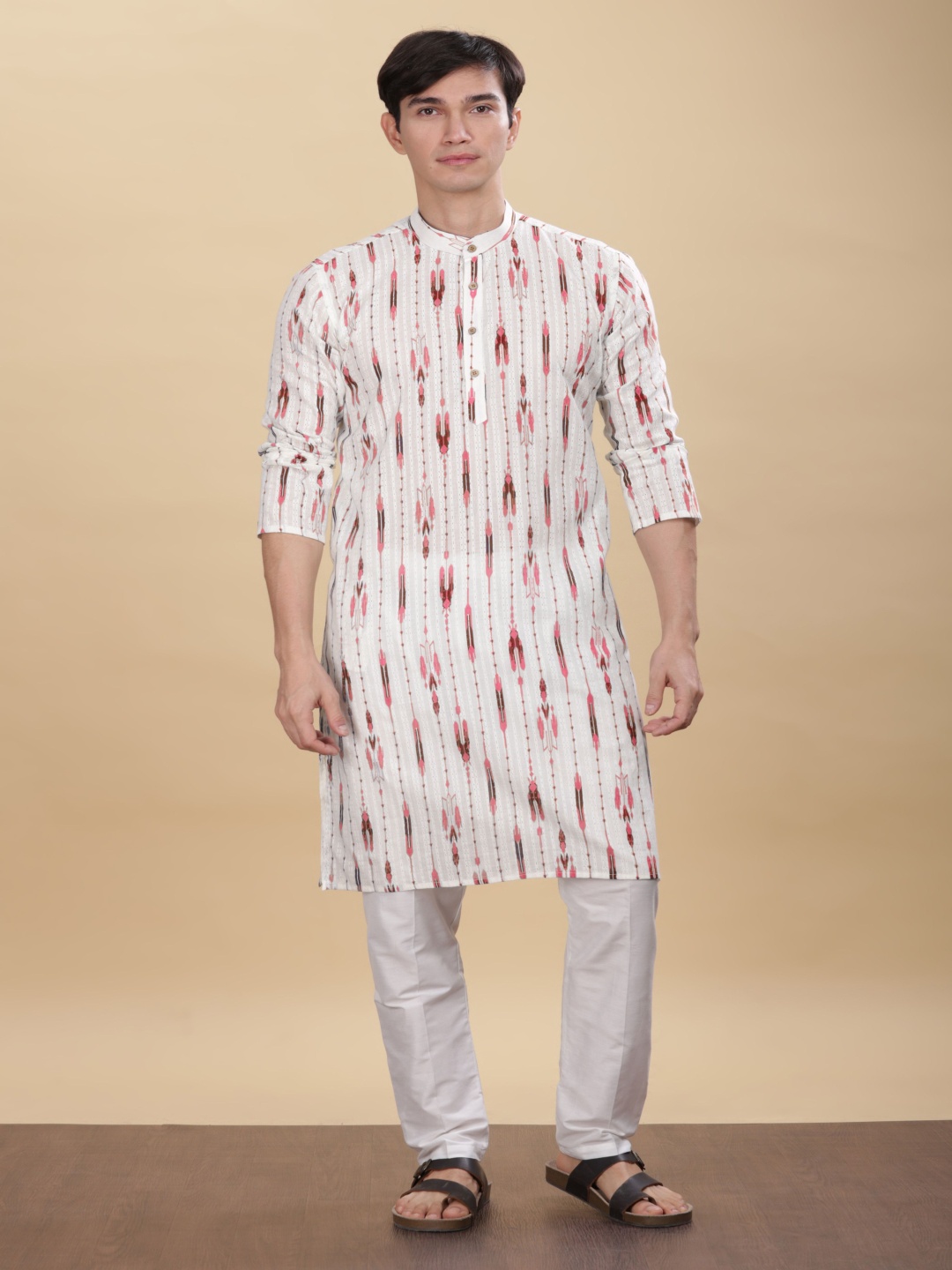 

Anouk White Abstract Printed Band Collar Cotton Straight Kurta