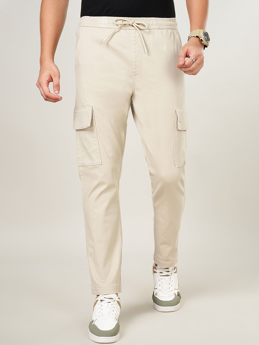 

Urban Ranger by pantaloons Men Pure Cotton Slim Fit Cargos Trousers, Off white