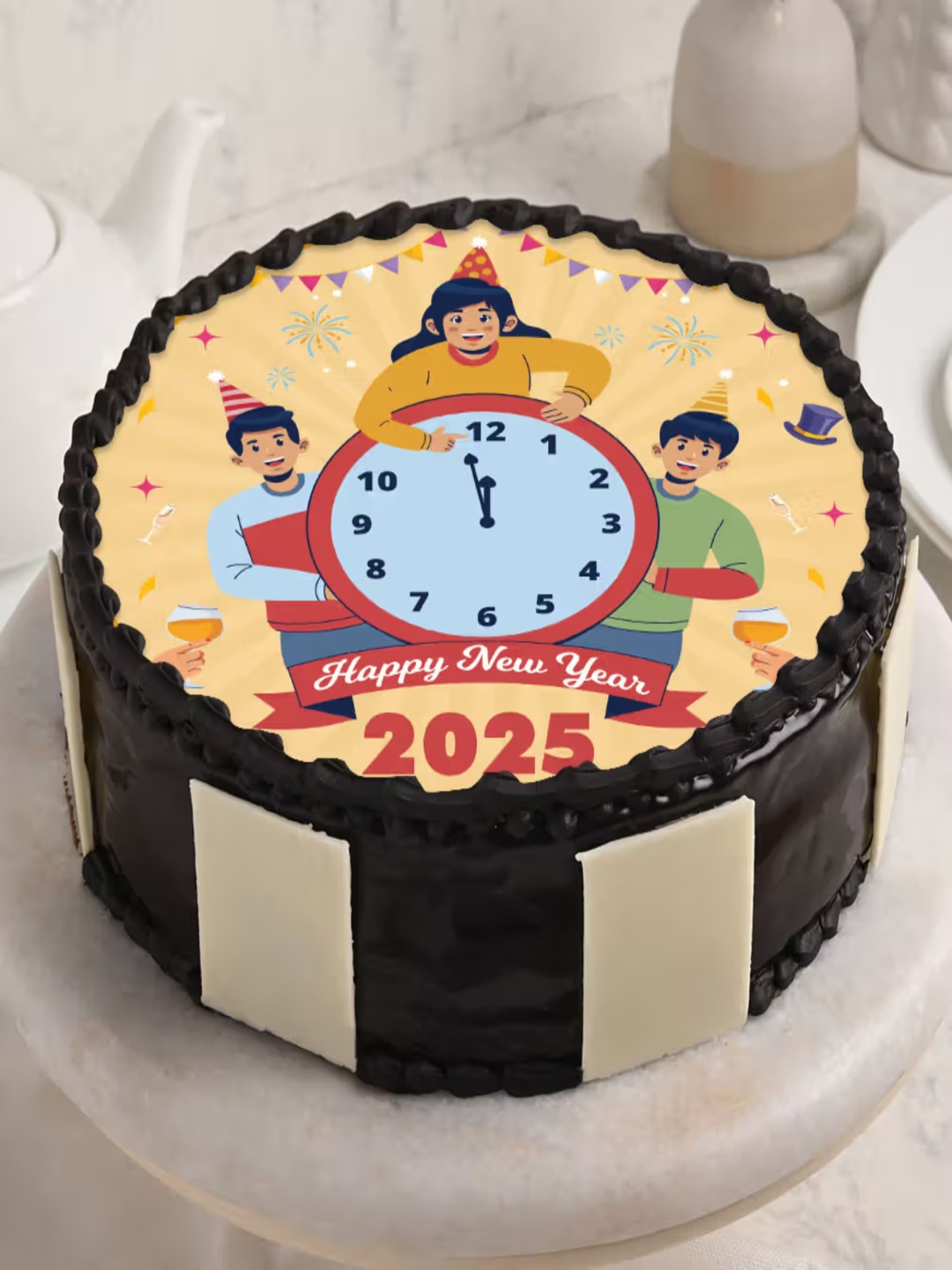 

Floweraura Midnight Clock Theme New Year 2025 Chocolate Flavour Eggless Round Cake 1Kg, Brown