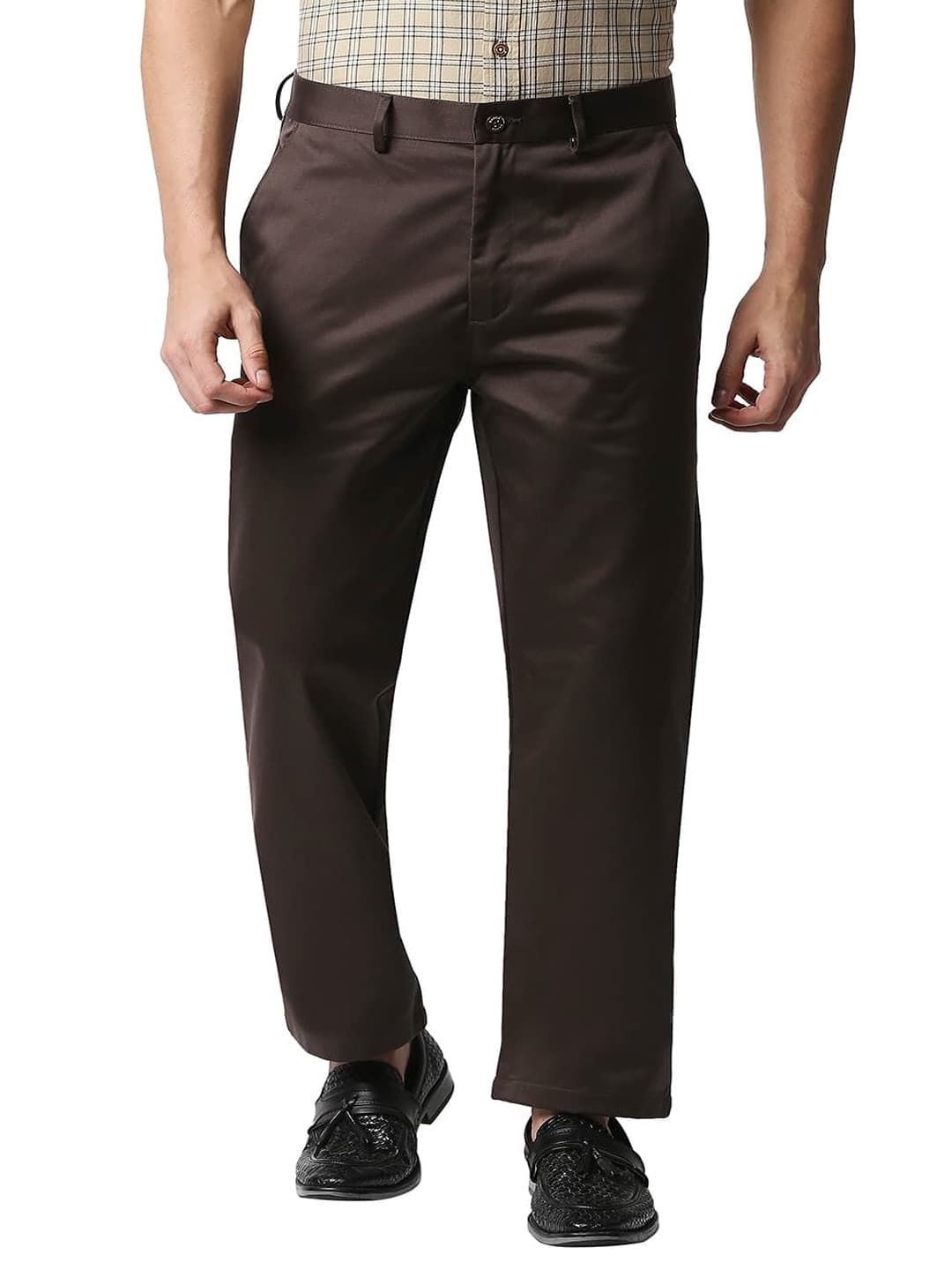 

Basics Men Mid-Rise Flat-Front Relaxed Fit Casual Trousers, Brown