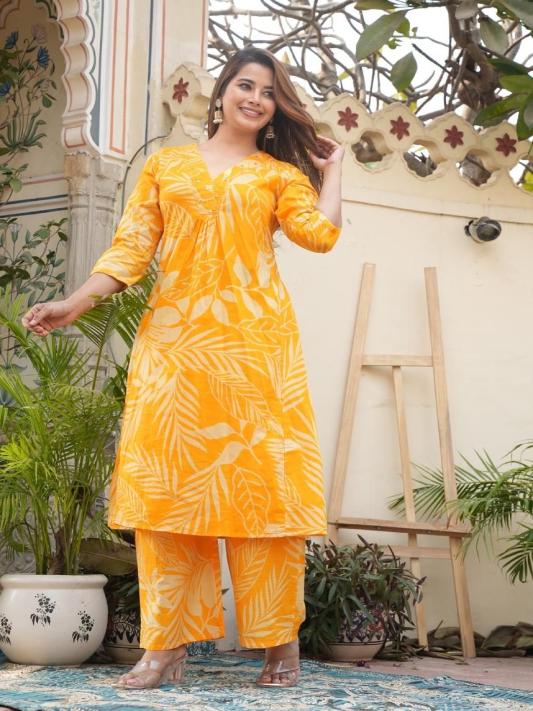 

KALINI Floral Printed Pleated V-Neck A-Line Kurta With Palazzos, Yellow