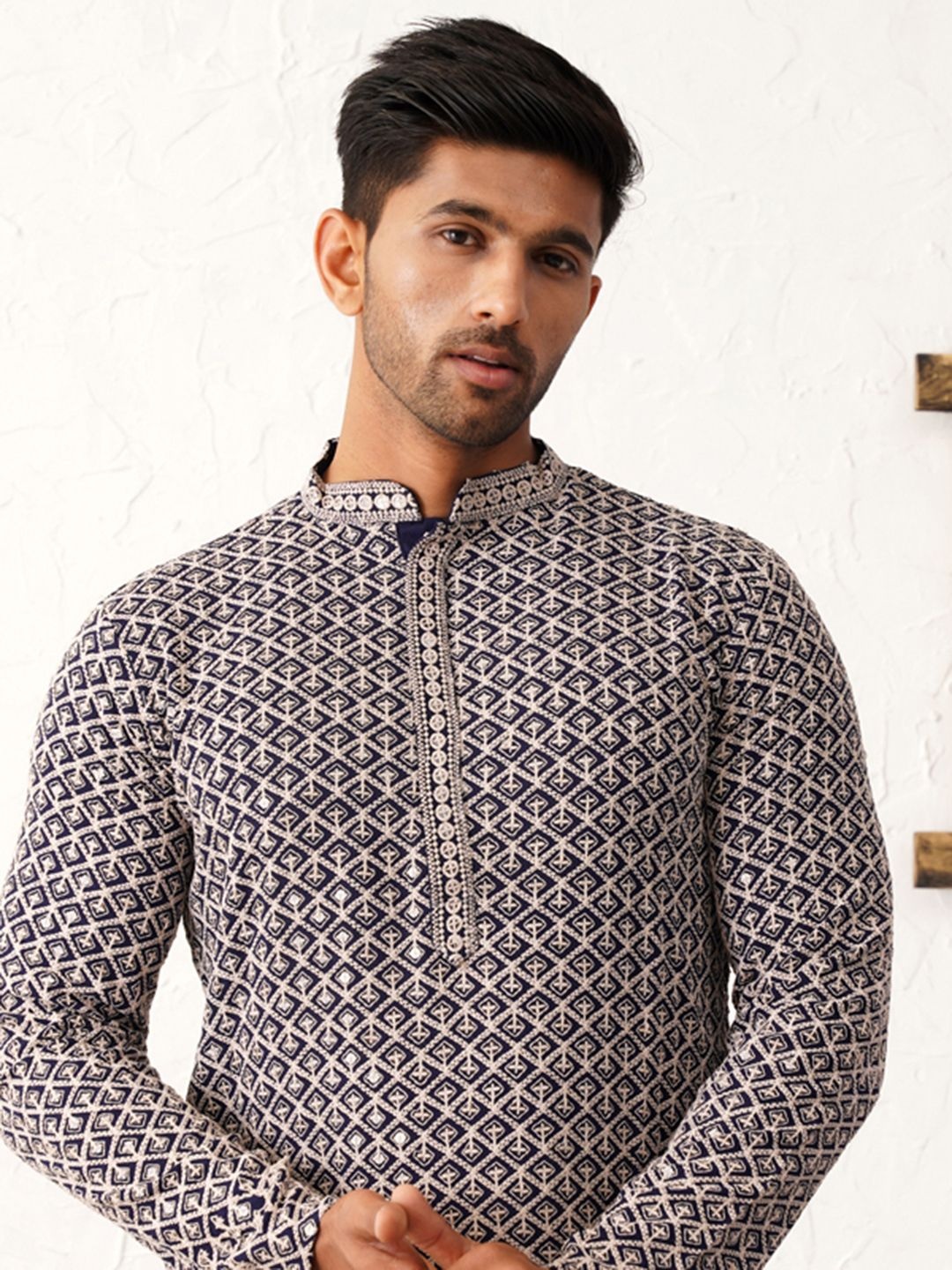 

Jompers Ethnic Motifs Printed Thread Work Mandarin Collar Kurta, Navy blue