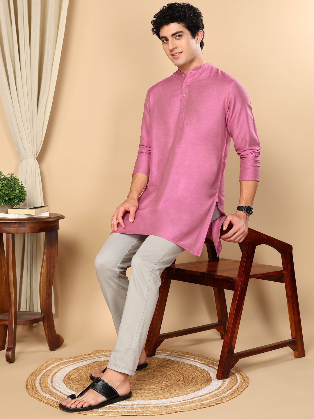 

TATTVA Mandarin Collar Pure Cotton Straight Kurta, Mauve