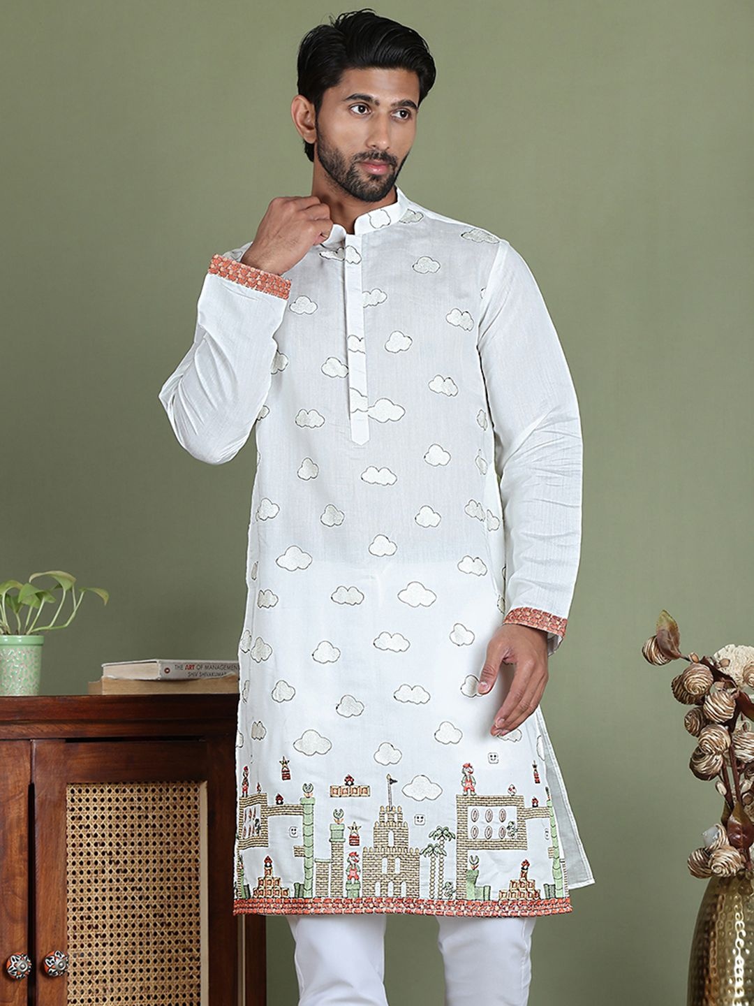 

Jompers Coversational Printed Embroidered Mandarin Collar Straight Kurta, White