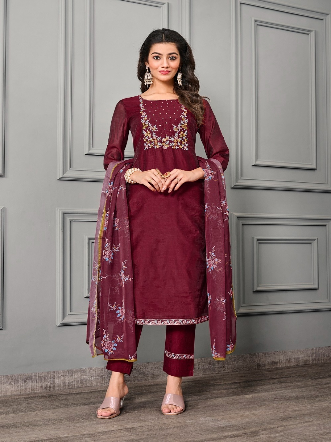 

JIVORA Ethnic Motifs Embroidered Beads and Stones Straight Kurta With Pyjamas & Dupatta, Maroon