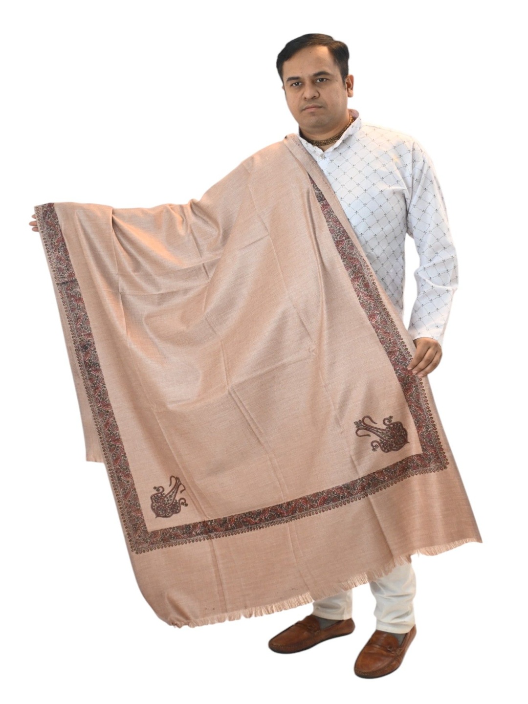 

Vrinde Ethnic Motifs Printed Woollen Shawl, Beige