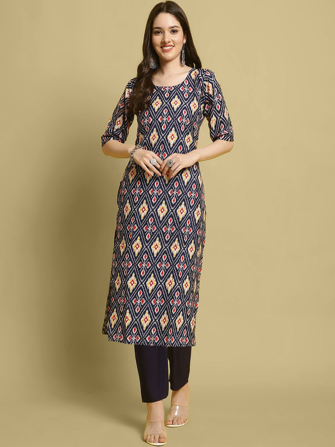 

7Threads Geometric Printed Round Neck Kurta With Trousers, Navy blue