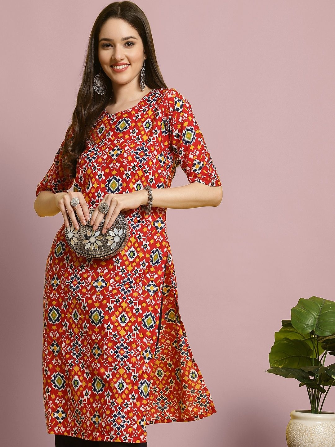 

7Threads Ethnic Motifs Printed Straight Kurta with Trousers, Red