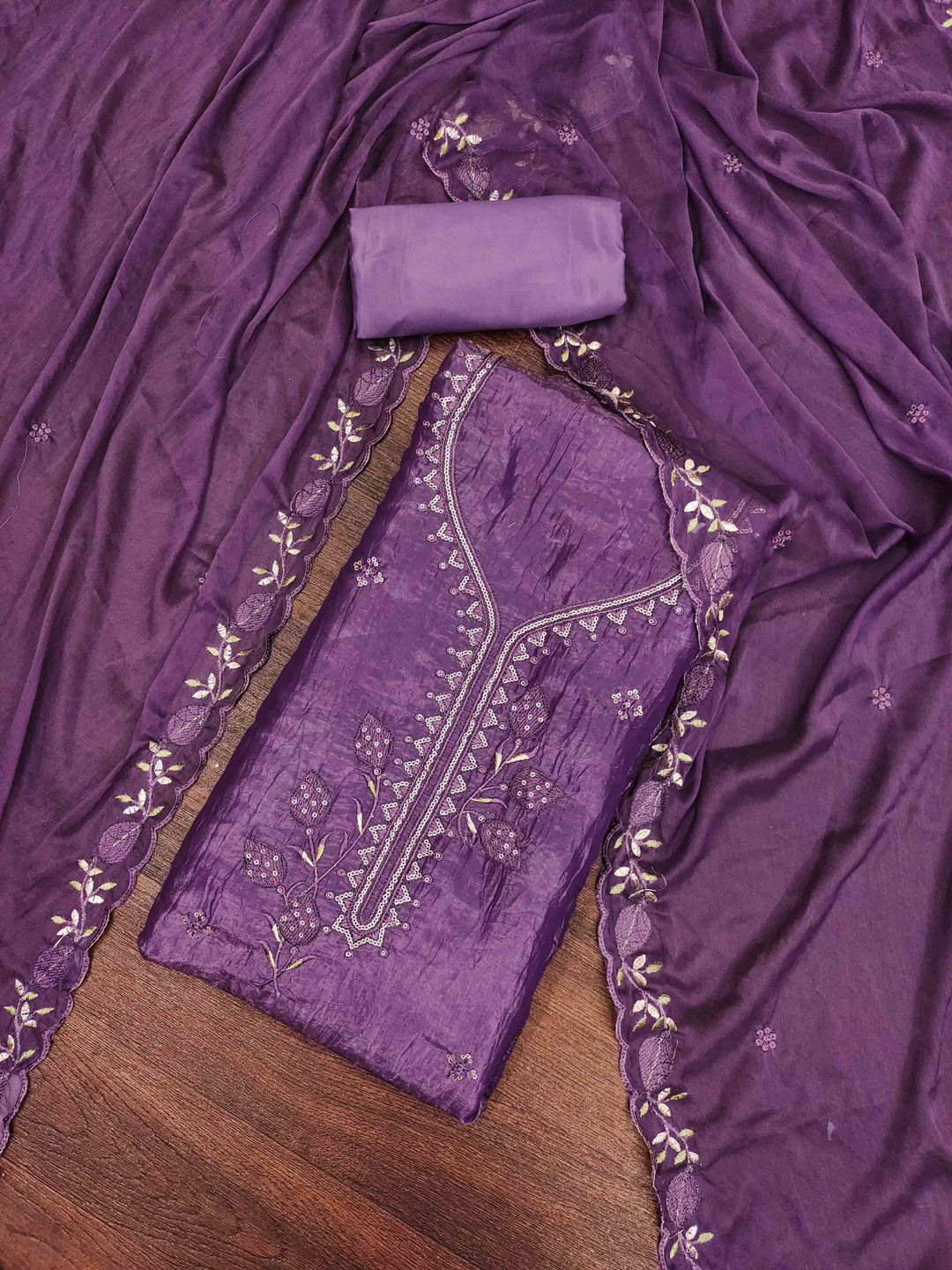 

KALINI Floral Embroidered Sequinned Unstitched Dress Material, Purple