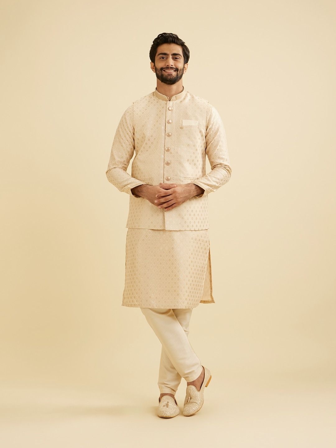 

Manyavar Men Self Design Nehru Jacket, Beige