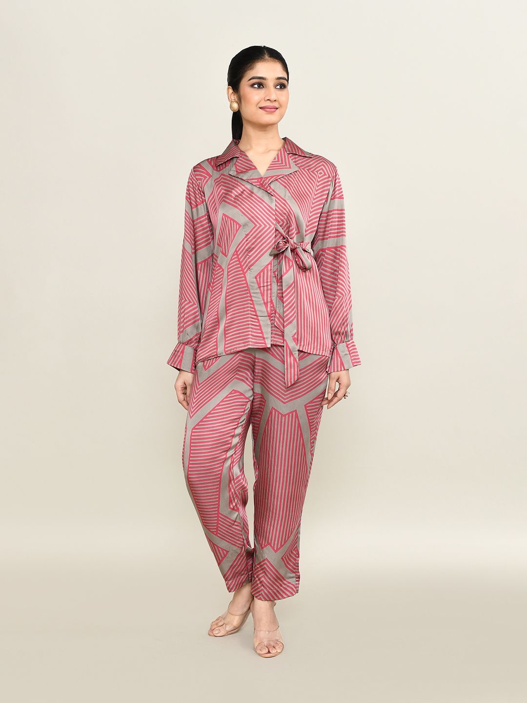 

The Maple Striped Lapel Collar Shirt With Trousers, Pink