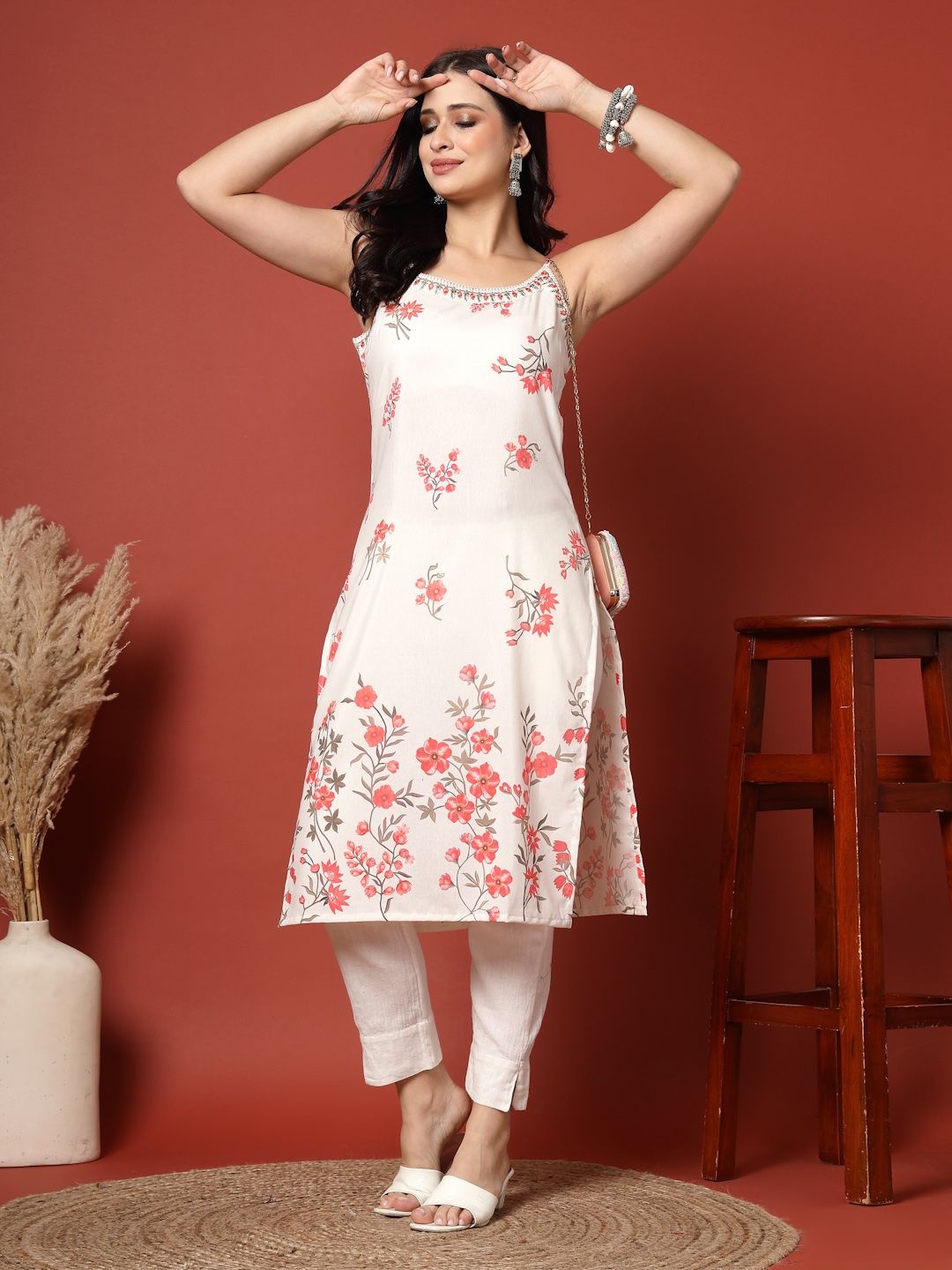 

all about you Floral Embroidered Mirror Work Round Neck Straight Kurta, Off white