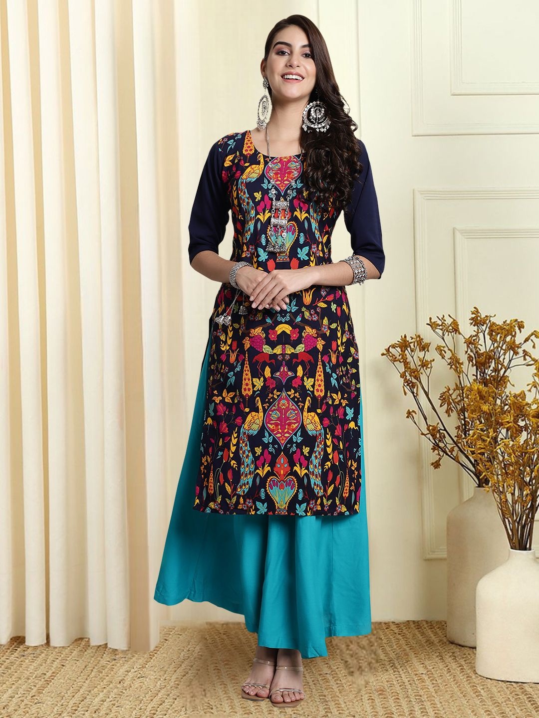 

7Threads Ethnic Motifs Printed Round Neck Kurta, Blue