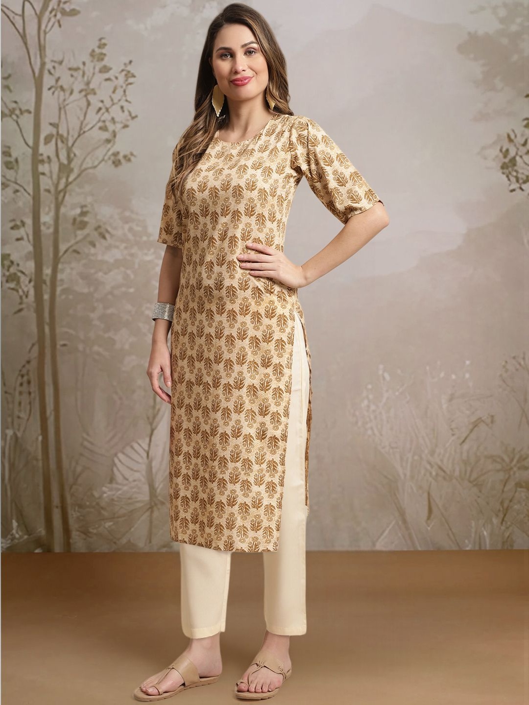 

7Threads Floral Printed Round Neck Straight Kurta with Trouser, Beige