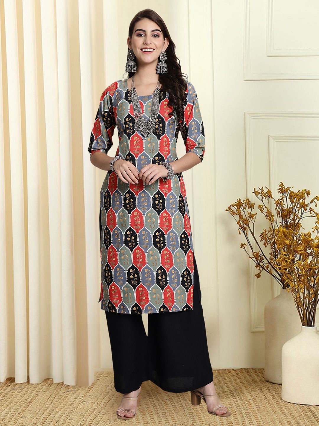 

7Threads Ethnic Motifs Printed Round Neck Straight Kurta, Black