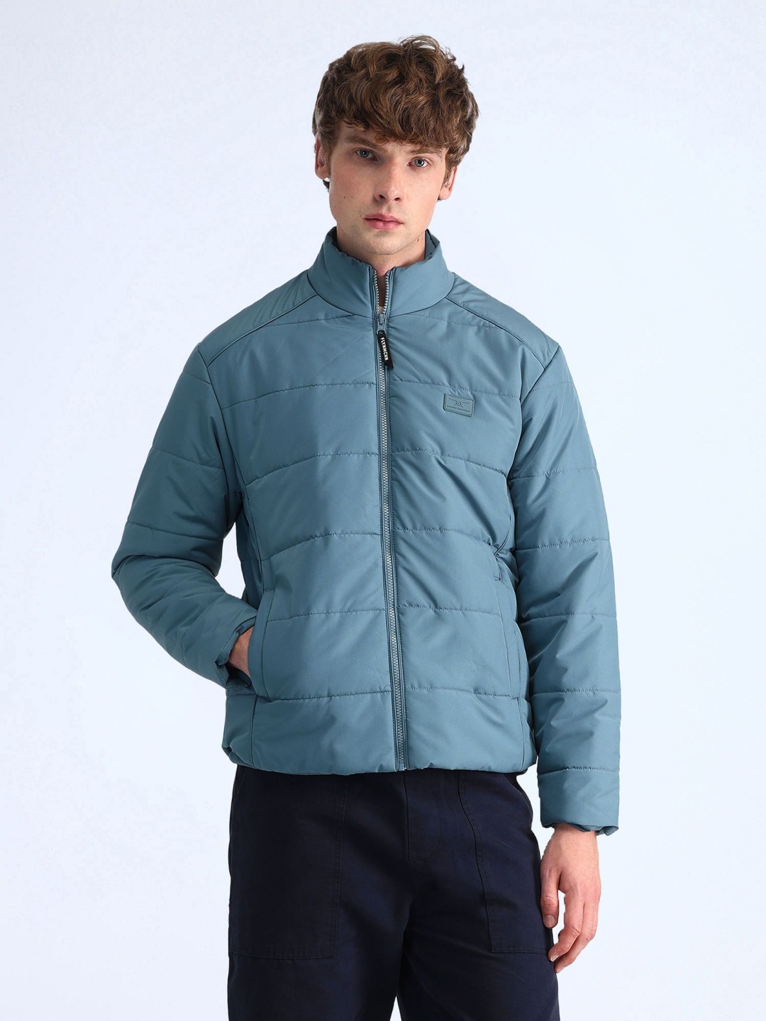 

Flying Machine Men Mock Collar Solid Casual Puffer Jacket, Blue