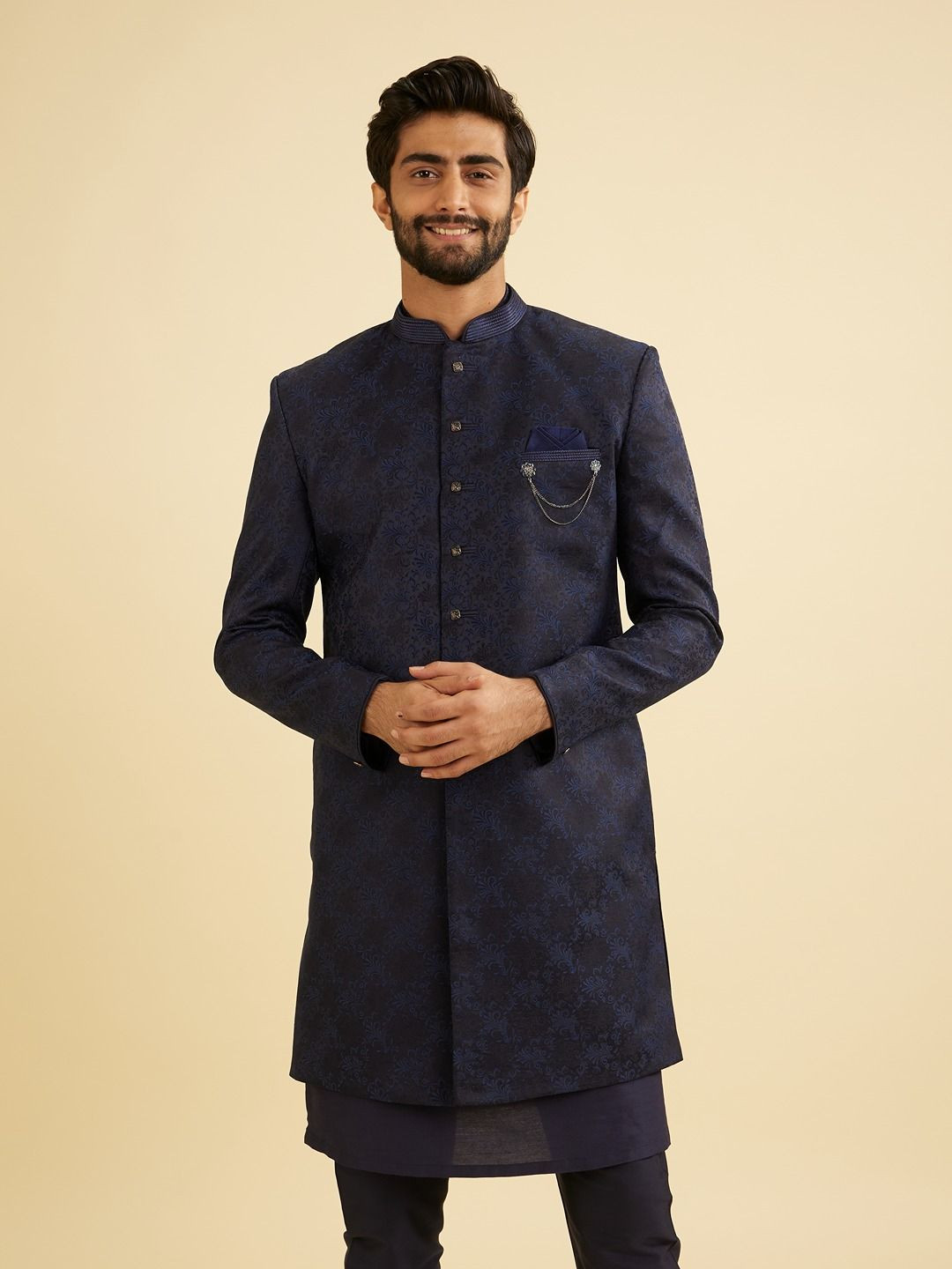 

Manyavar Men Embroidered Indo Western Mandarin Collar Sherwani Set, Blue