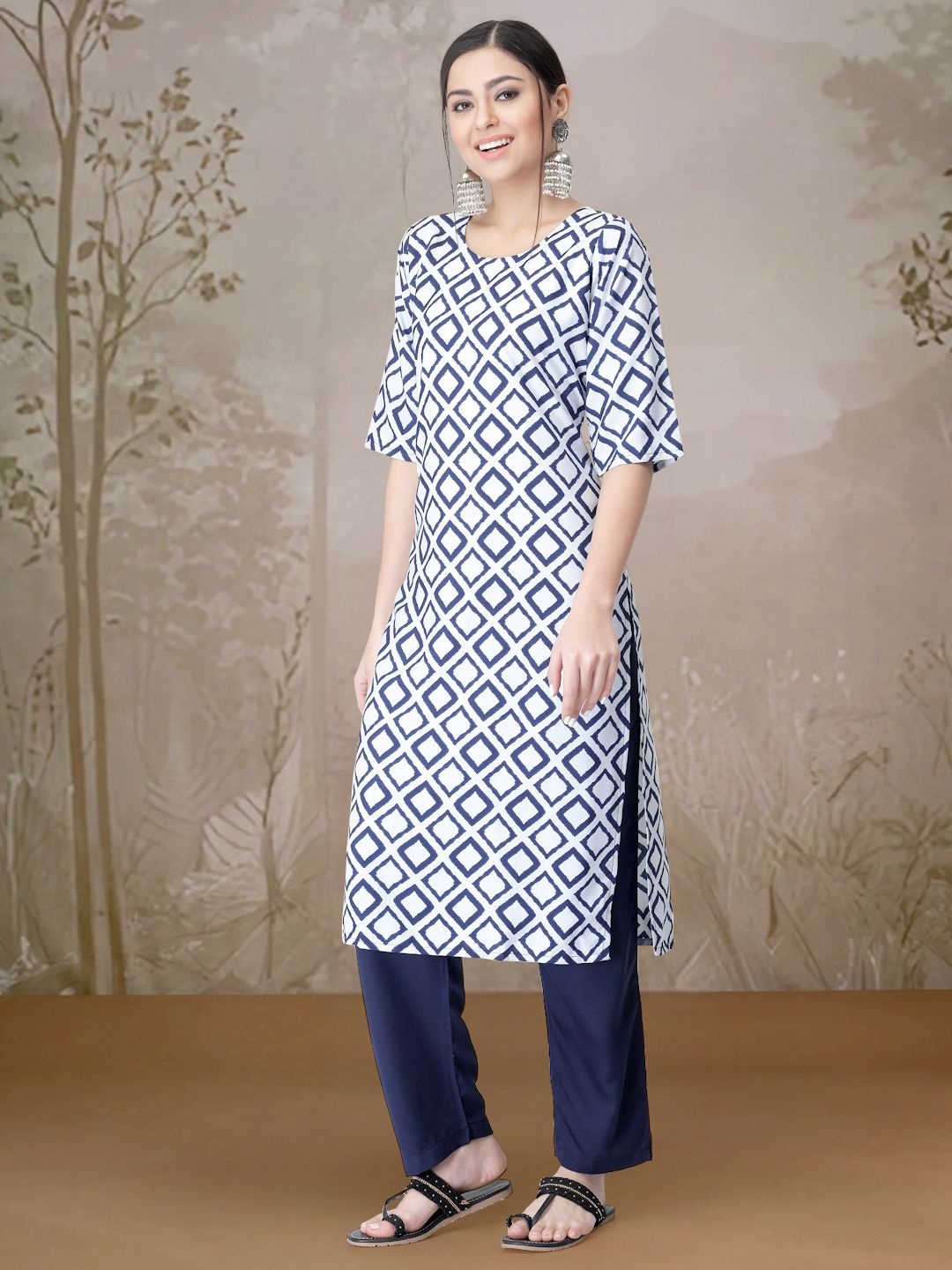 

7Threads Geometric Printed Round Neck Straight Kurta With Trouser, White