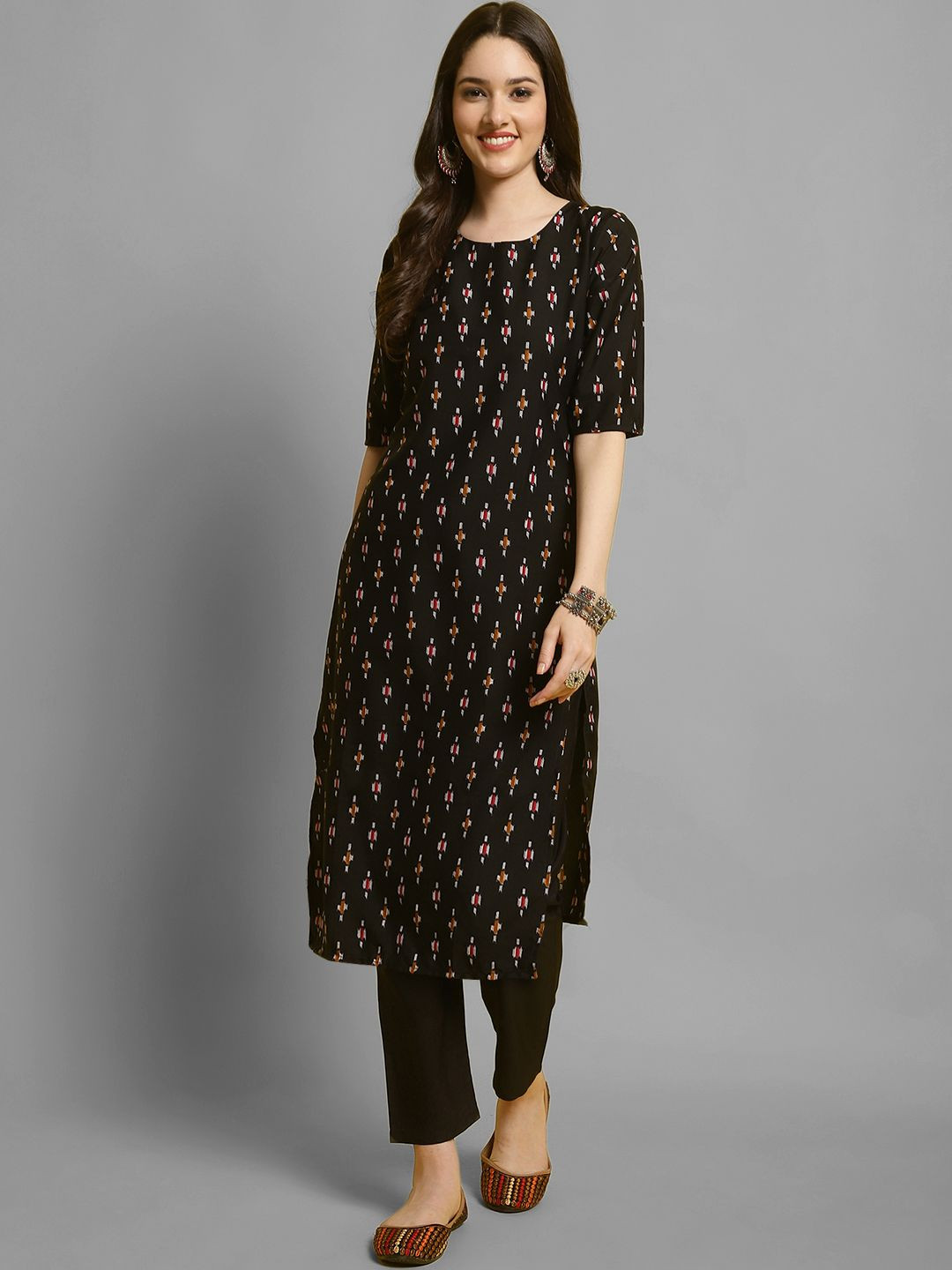 

7Threads Geometric Printed Round Neck Straight Kurta With Trouser, Black