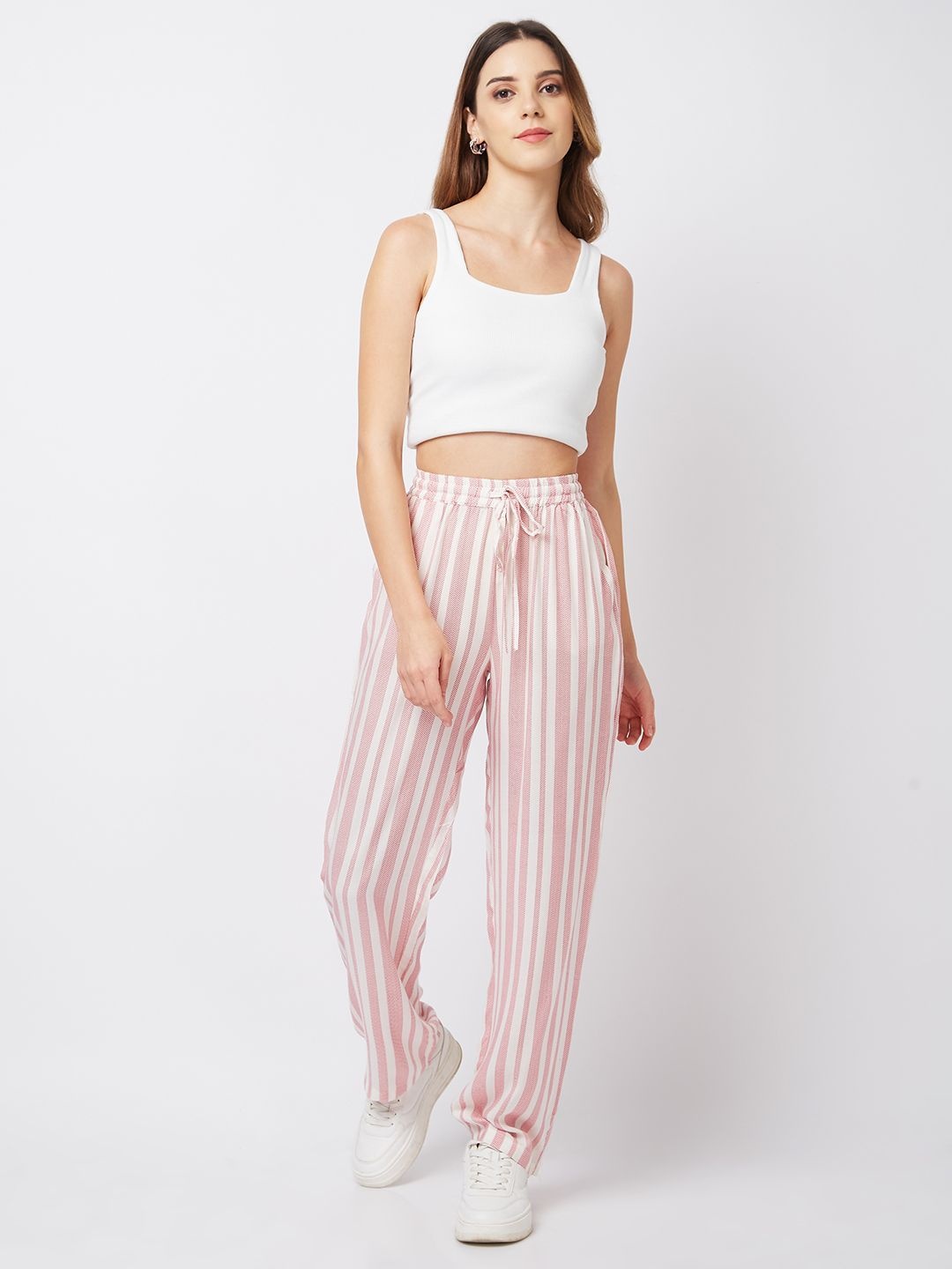 

HERE&NOW Women Striped Mid Rise Trousers, Pink