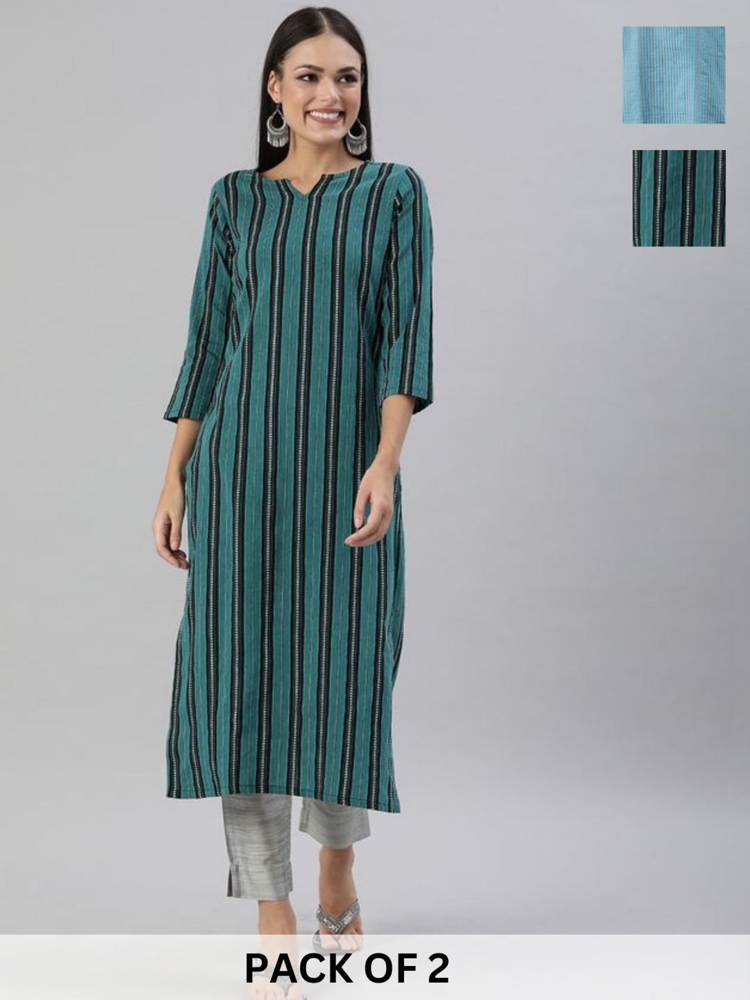 

KALINI Selection Of 2 Striped Printed Notch Neck Pure Cotton Straight Kurta, Green