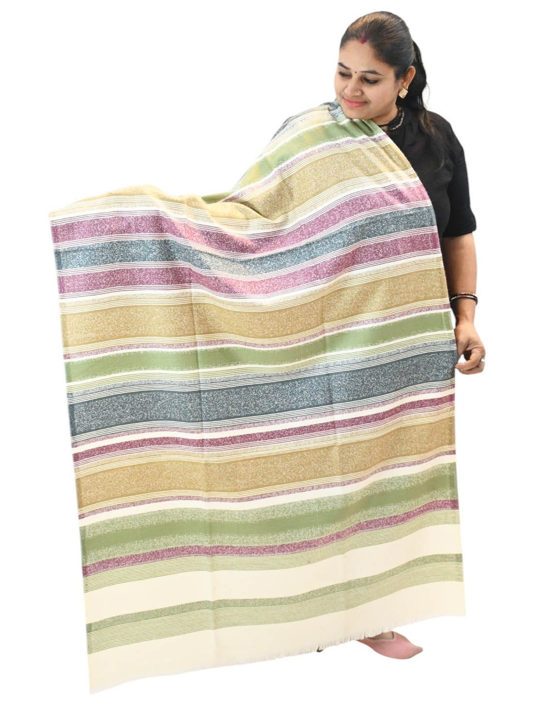 

Vrinde Kashmiri Striped Woollen Shawl, White