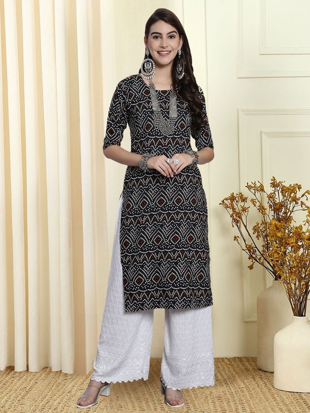 

7Threads Bandhani Printed Round Neck Kurta, Black