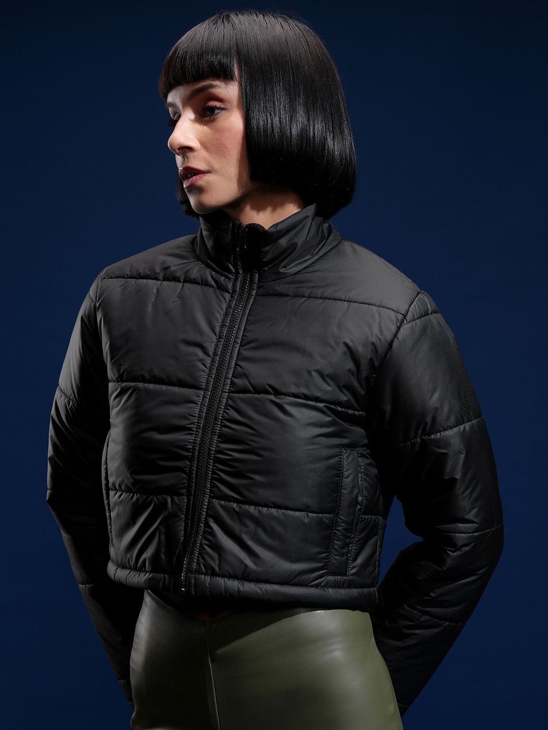 

Tokyo Talkies Women Mock Collar Solid Casual Puffer Jacket, Black