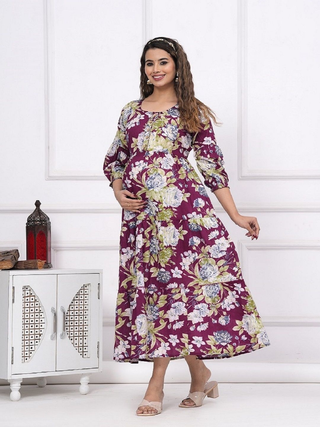 

Nevisha Style Floral Printed Pleated Gotta Patti Maternity Pure Cotton Anarkali Kurtas, Maroon
